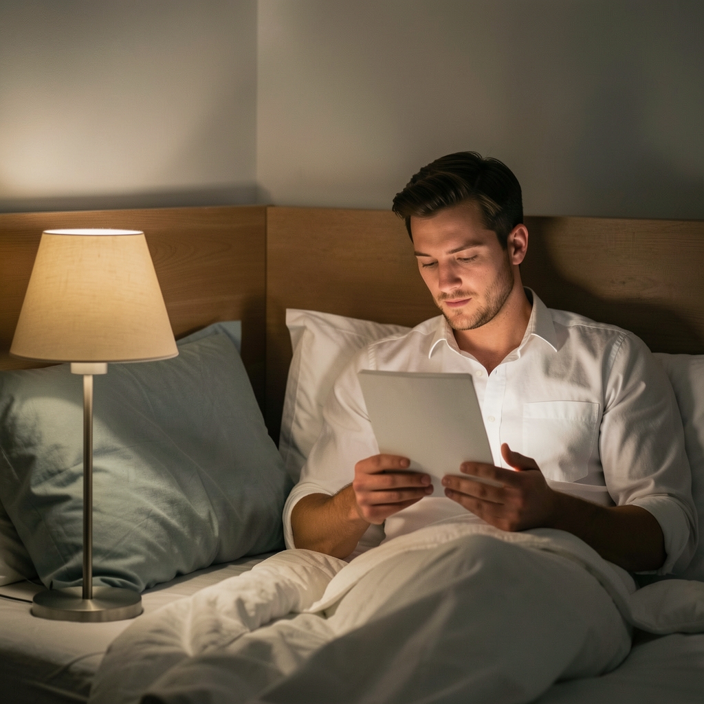 Man in his thirties reading beside a dim bedside lamp before sleep — Drenval editorial