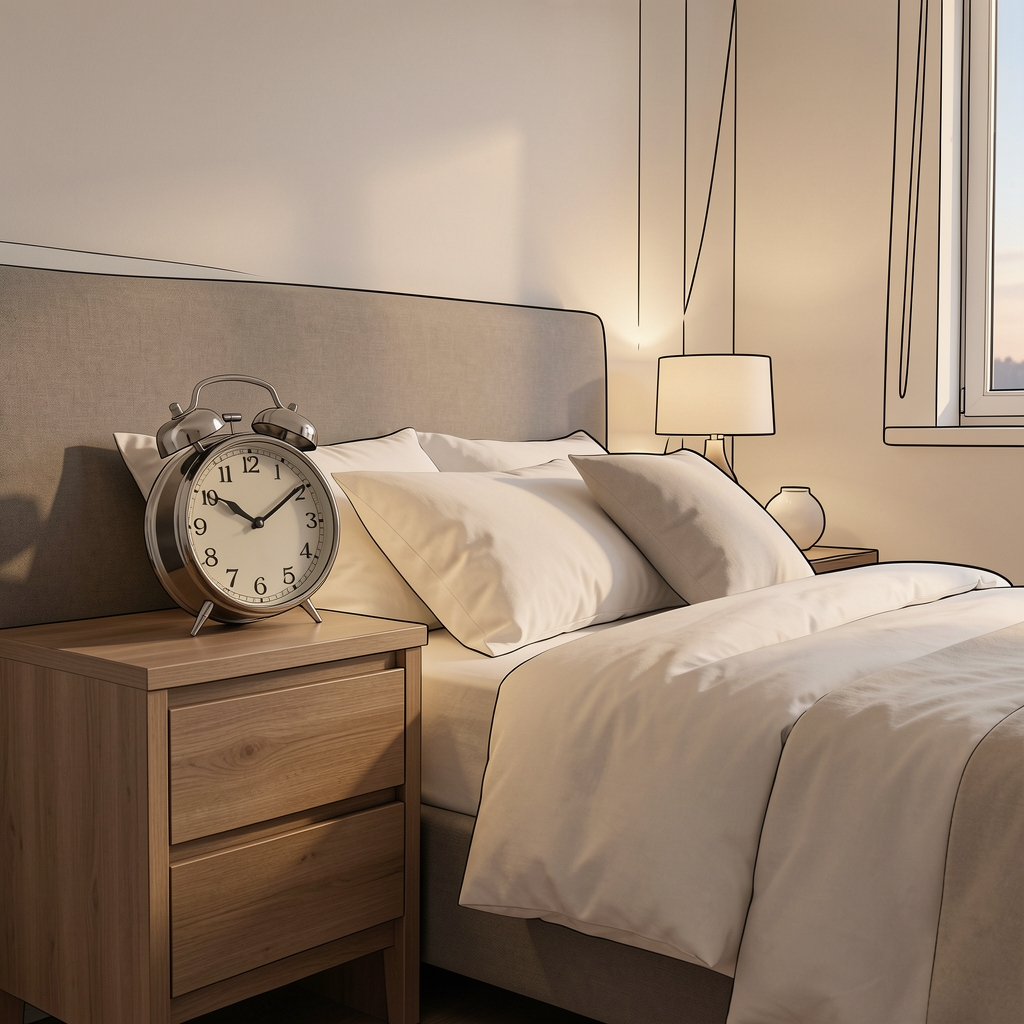 Simple line illustration style bedroom scene with a clock on the nightstand showing late evening — Drenval editorial