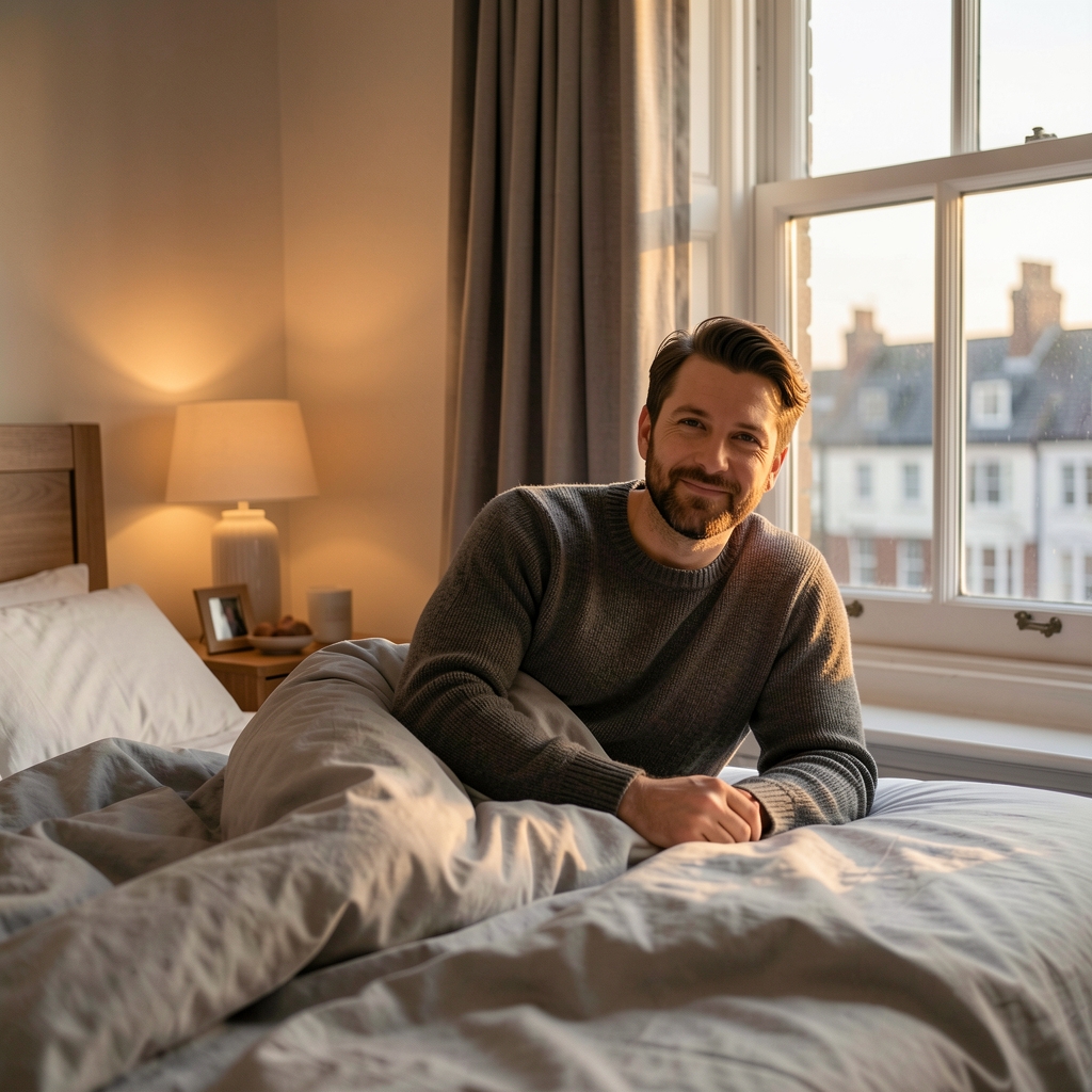 Man resting beside a softly lit London bedroom window at dawn — Drenval editorial