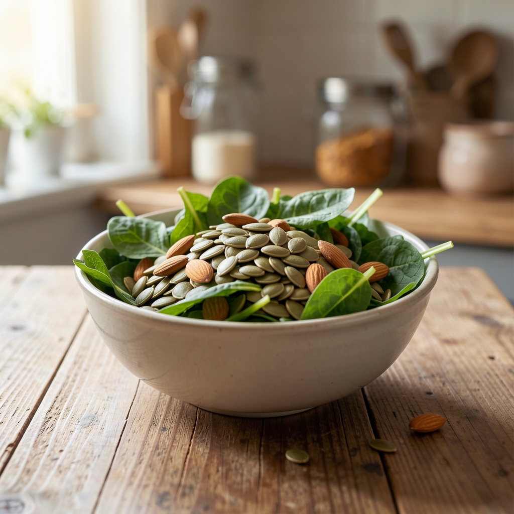 Bowl of pumpkin seeds, leafy greens and almonds on a kitchen table — Drenval editorial